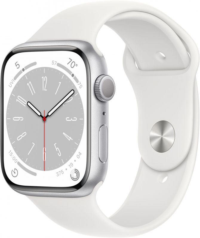 картинка Apple Watch Series 8, 45 мм, корпус серебристого цвета, ремешок белого цвета, размер M/L от маркетплейса TEMA.shop