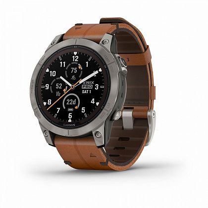 картинка Garmin Fenix 7 Pro Sapphire Solar, 47 мм, цвет корпуса серый с коричневым кожаным ремешком от маркетплейса TEMA.shop 1