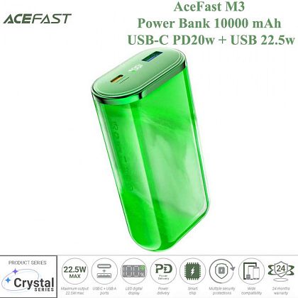 картинка AceFast M3 Spakling series 22.5w Power Bank 10000 mAh, USB-C PD20w + USB 22.5w, LED display, зеленый от маркетплейса TEMA.shop 1