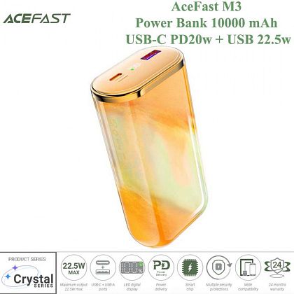 картинка AceFast M3 Sparkling series 22.5W Power Bank 10000 mAh, USB-C PD20W + USB 22.5W, LED display, оранжевый от маркетплейса TEMA.shop 1