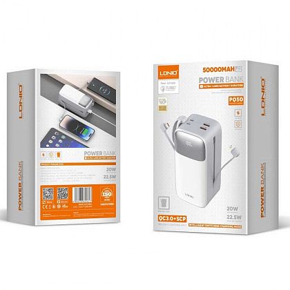 картинка LDNIO PQ50 Power Bank 50000 mAh, PD20W + QC 22.5W, with C&L cable, белый от маркетплейса TEMA.shop 2