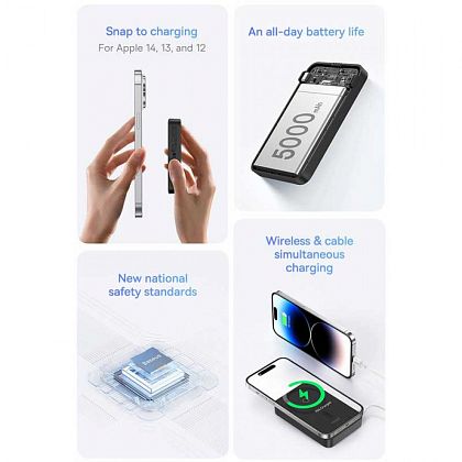 картинка Baseus 5000 mAh MagPro Magnetic Bracket Wireless Power Bank, Qi 15W, модель PPCXZ05, черный от маркетплейса TEMA.shop 4