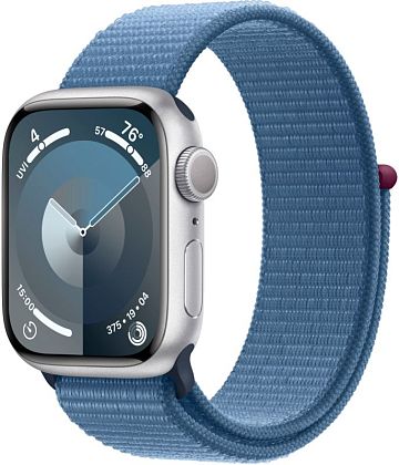 картинка Apple Watch Series 9, 41 мм, корпус серебристого цвета, нейлоновый ремешок цвета ледяной синий от маркетплейса TEMA.shop 1
