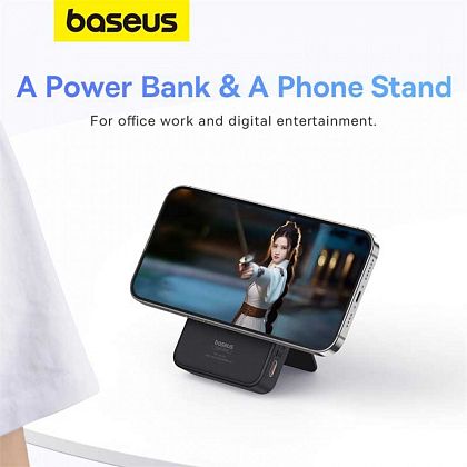 картинка Baseus 5000 mAh MagPro Magnetic Bracket Wireless Power Bank, Qi 15W, модель PPCXZ05, черный от маркетплейса TEMA.shop 6
