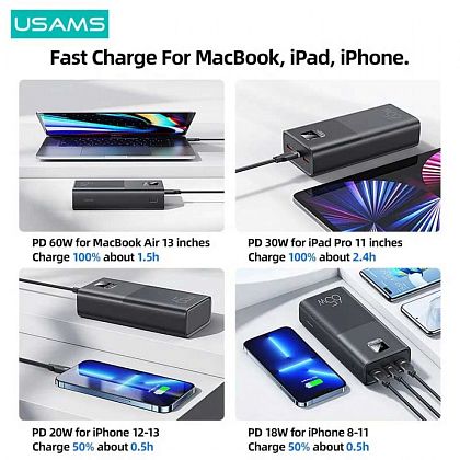 картинка Usams PB68 Yattu Series 30000mAh Power Bank, PD65W, QC3.0, SCP (US-CD185), черный от маркетплейса TEMA.shop 8